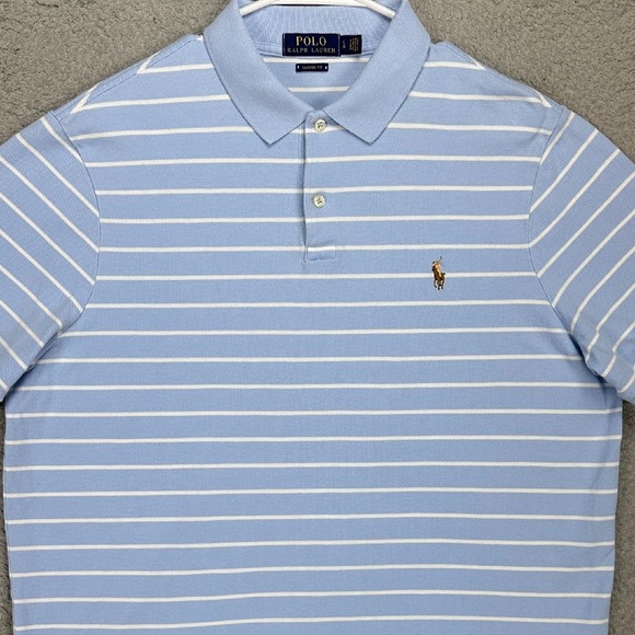Polo Ralph Lauren Shirt Mens Large Blue Stripe Classic Rugby Casual Flesh Pony